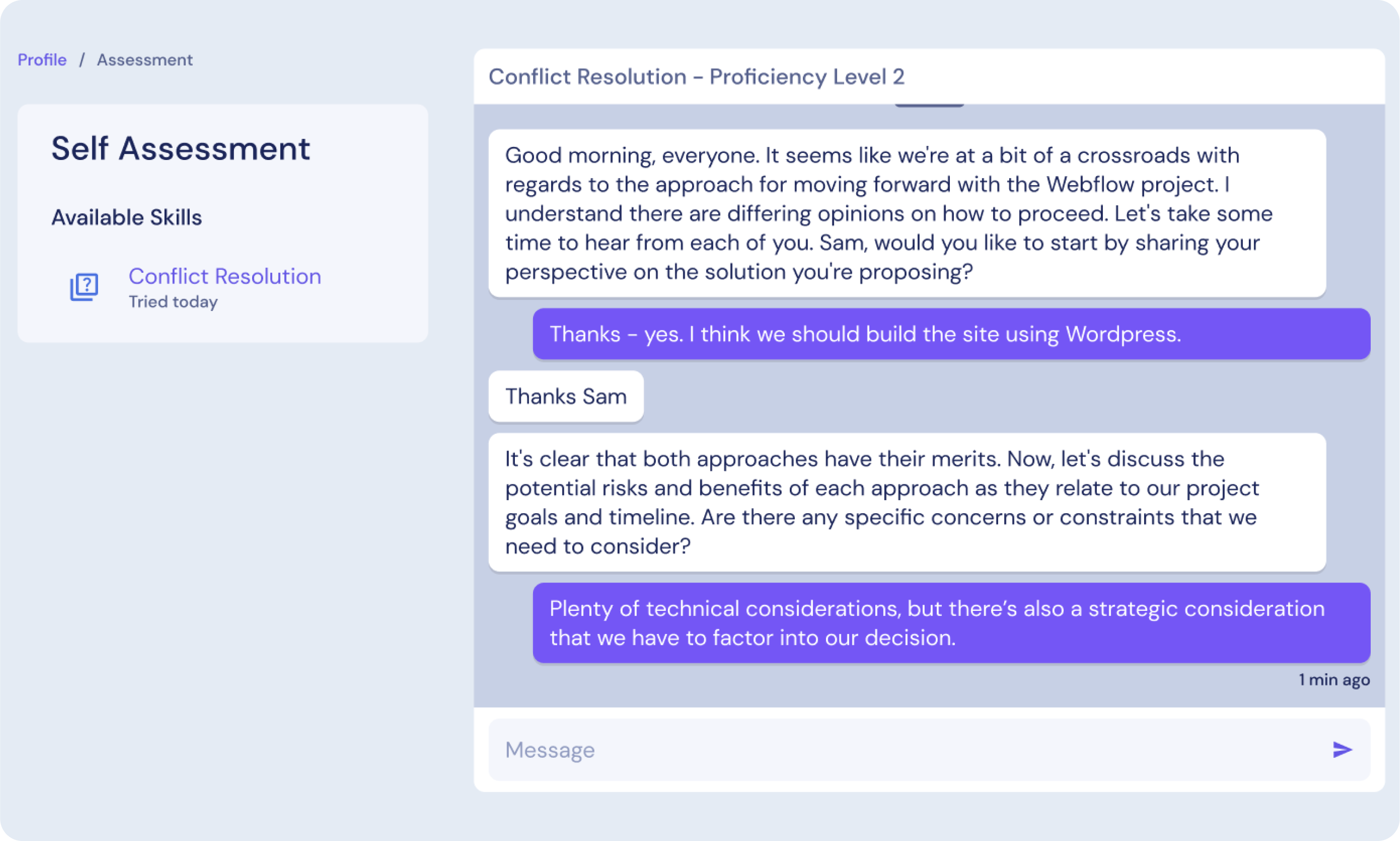 A graphic interface showing a self assessment and an open chat with AI.